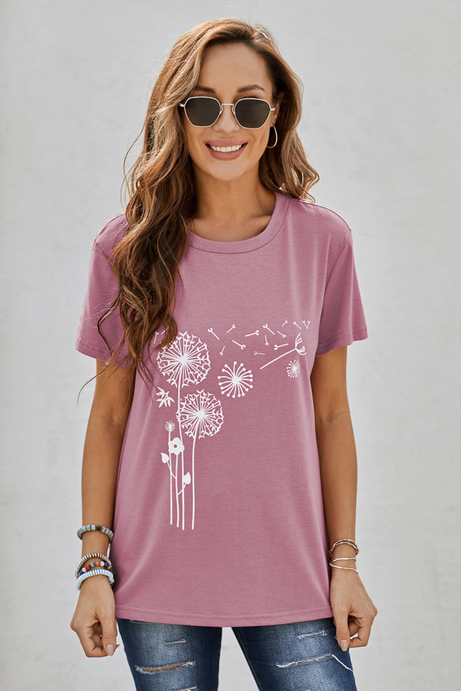 Crewneck Tee Dandelion Print Graphic Loose Casual T-Shirt
