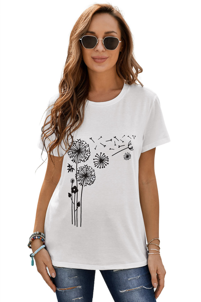 Crewneck Tee Dandelion Print Graphic Loose Casual T-Shirt