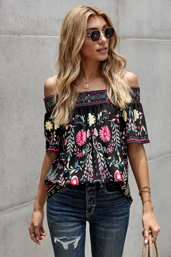 Summer Loose Button Down Floral Print Off Shoulder Short Sleeve Top