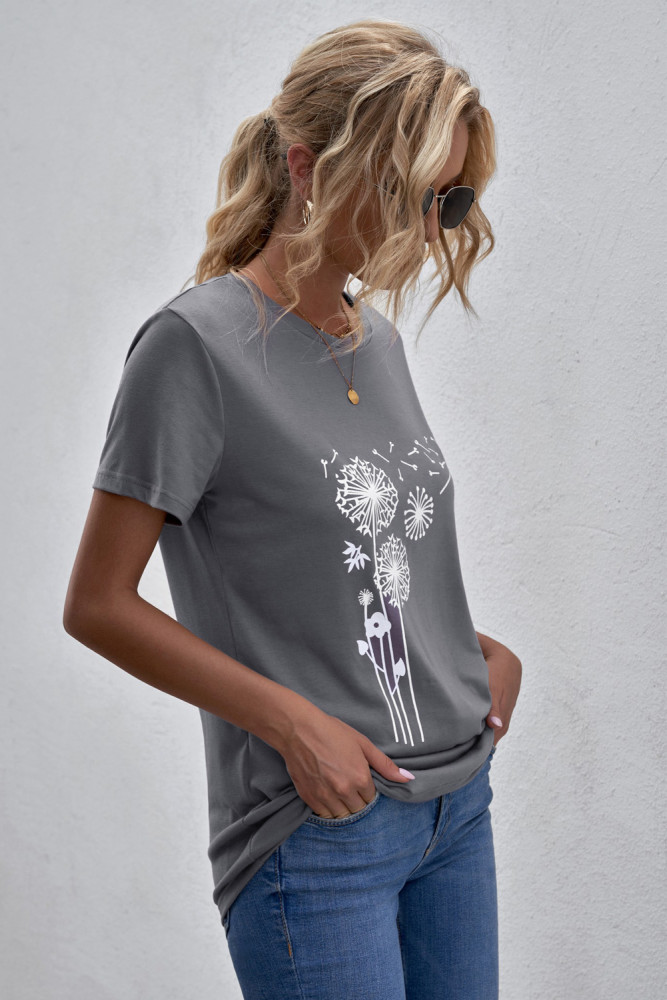 Crewneck Tee Dandelion Print Graphic Loose Casual T-Shirt