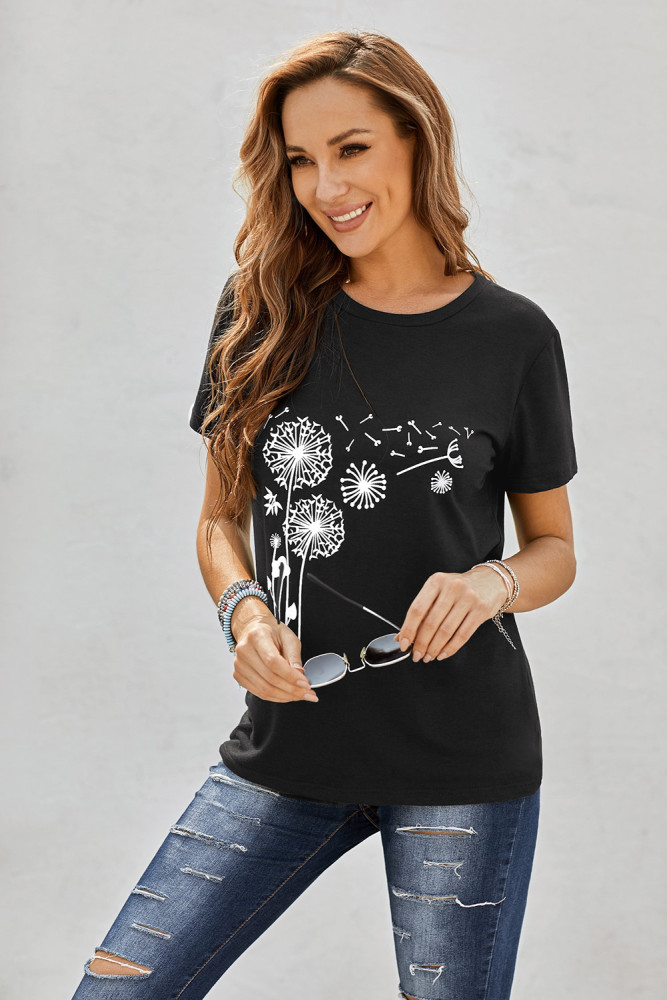 Crewneck Tee Dandelion Print Graphic Loose Casual T-Shirt