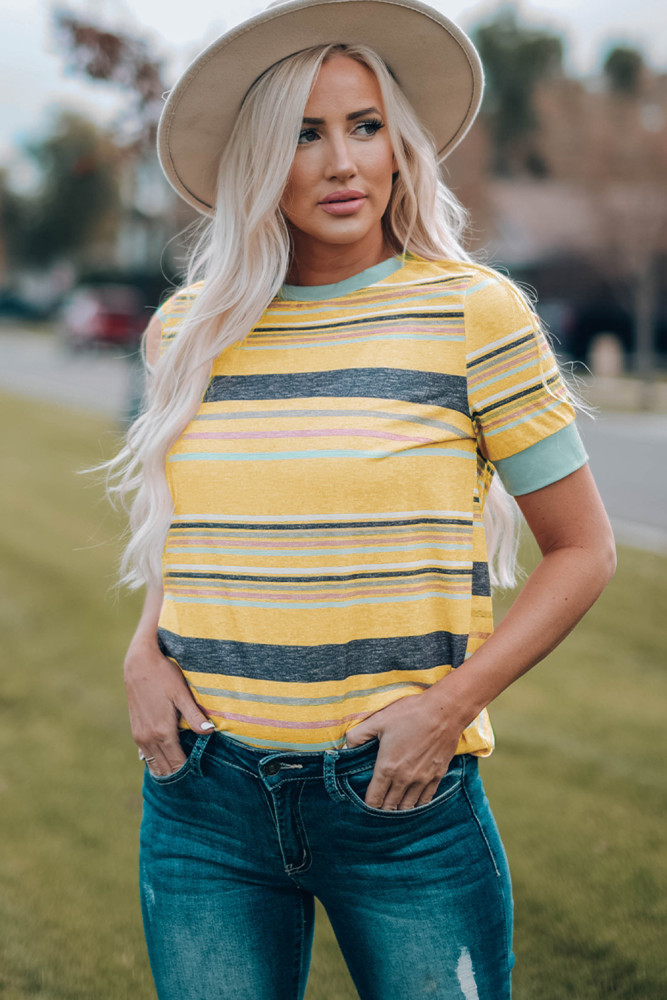 Womens Multicolor Stripes Crew Neck T Shirt Top