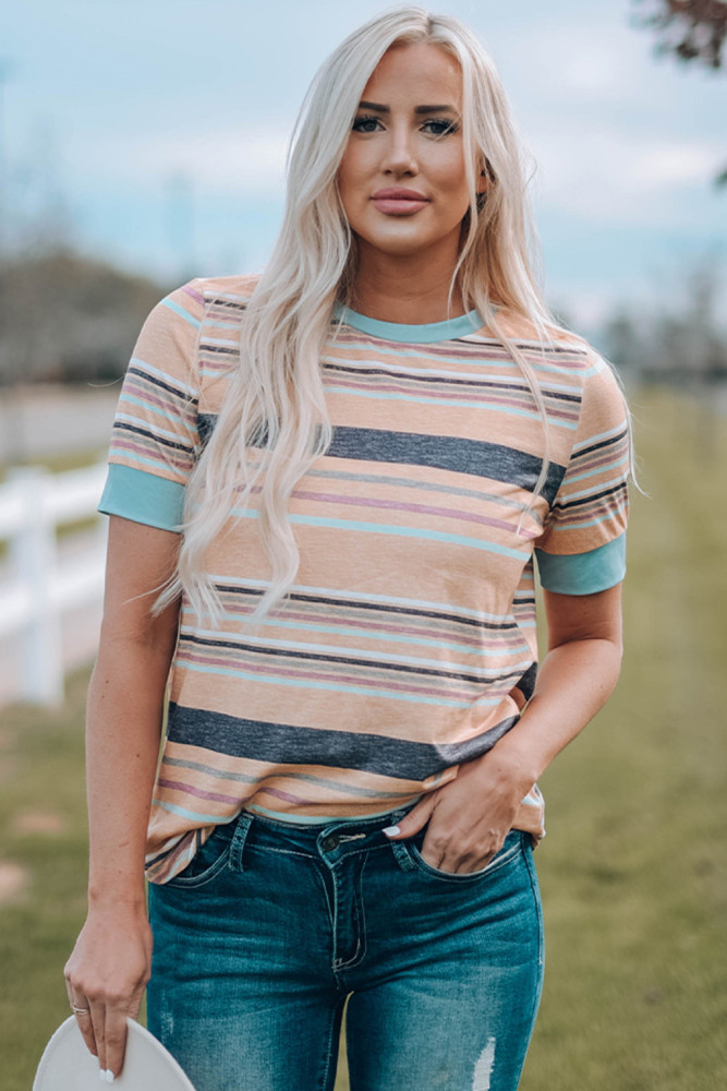Womens Multicolor Stripes Crew Neck T Shirt Top