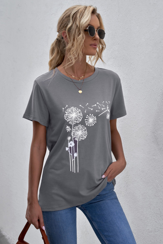 Crewneck Tee Dandelion Print Graphic Loose Casual T-Shirt