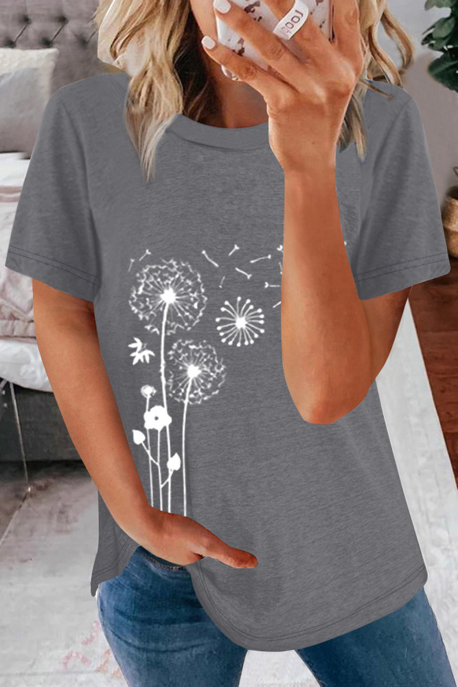 Crewneck Tee Dandelion Print Graphic Loose Casual T-Shirt