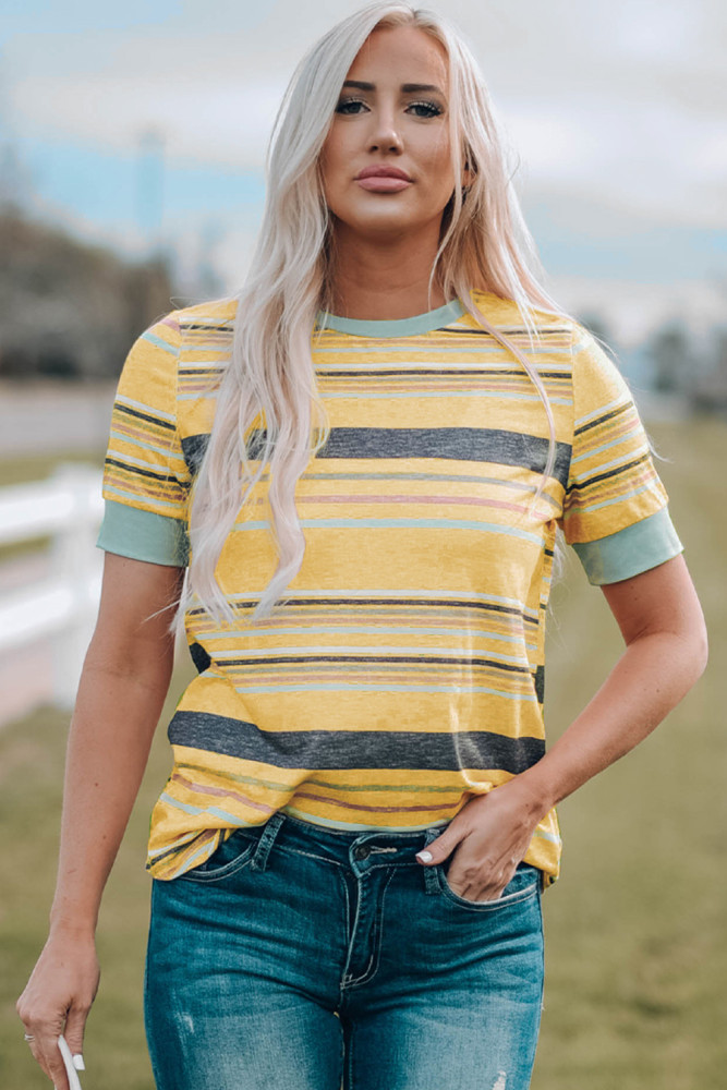 Womens Multicolor Stripes Crew Neck T Shirt Top
