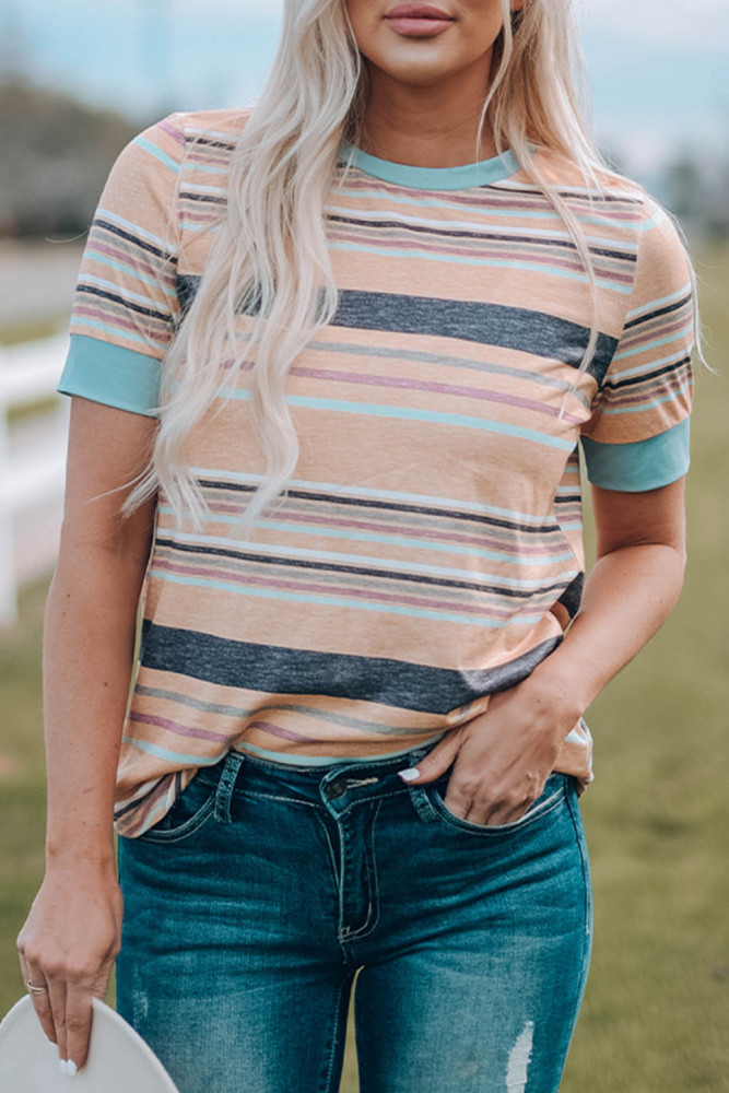 Womens Multicolor Stripes Crew Neck T Shirt Top