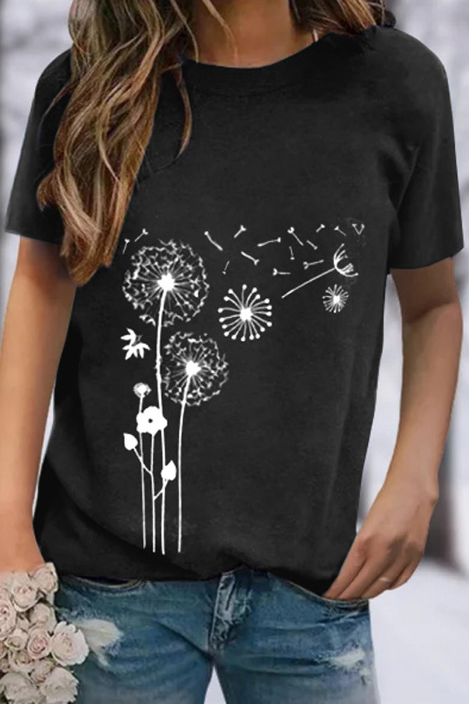 Crewneck Tee Dandelion Print Graphic Loose Casual T-Shirt