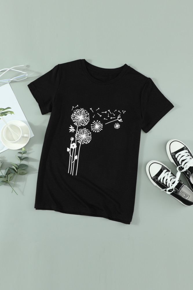 Crewneck Tee Dandelion Print Graphic Loose Casual T-Shirt