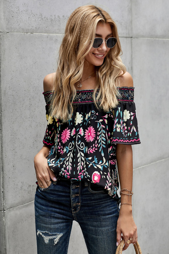 Summer Loose Button Down Floral Print Off Shoulder Short Sleeve Top