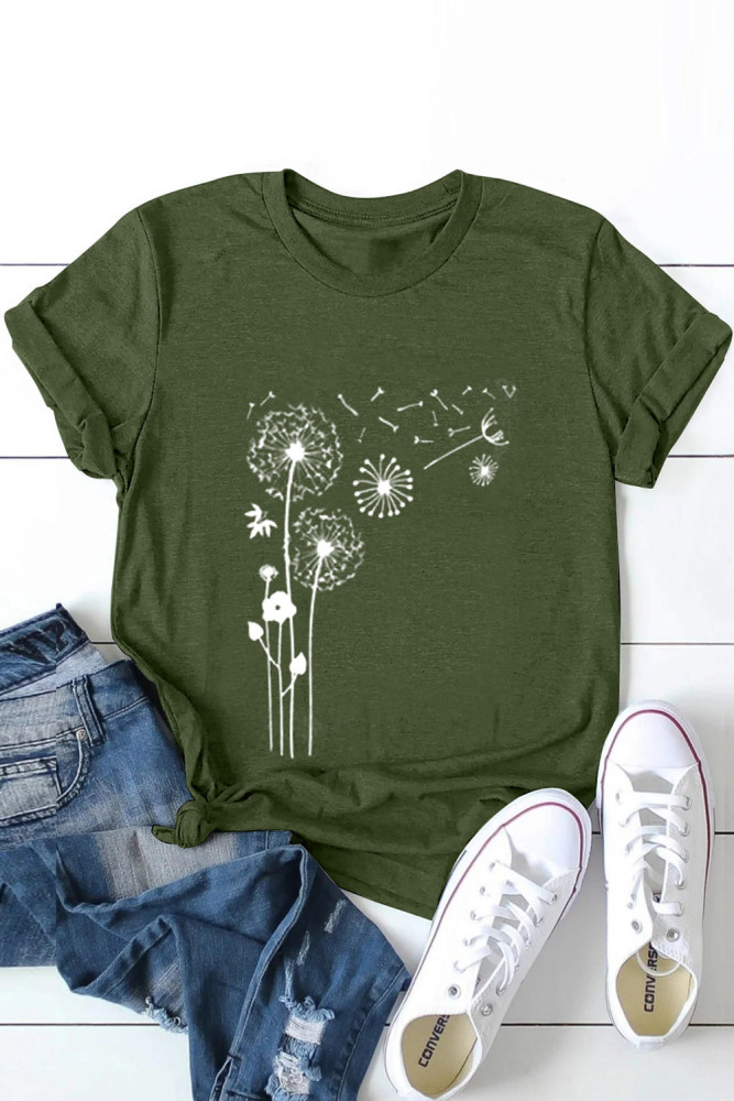 Crewneck Tee Dandelion Print Graphic Loose Casual T-Shirt