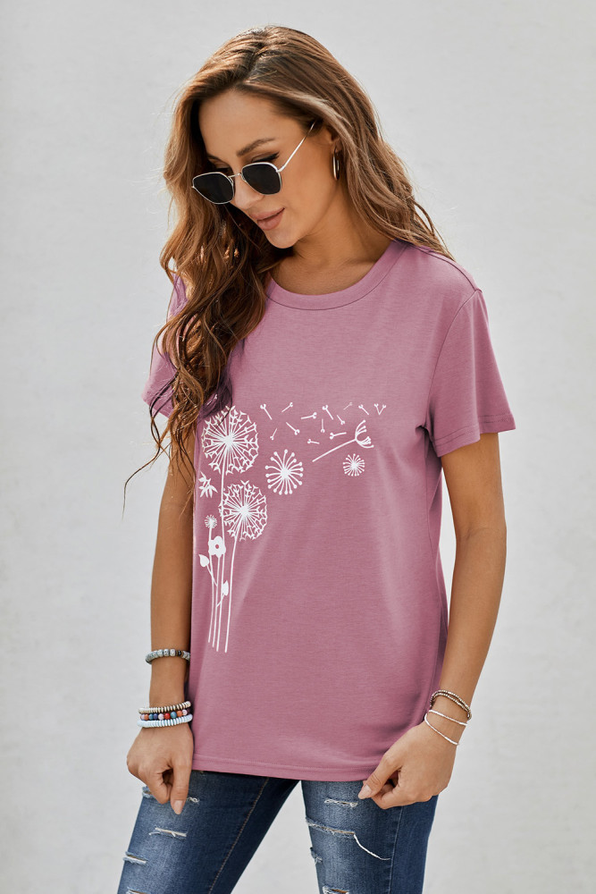 Crewneck Tee Dandelion Print Graphic Loose Casual T-Shirt