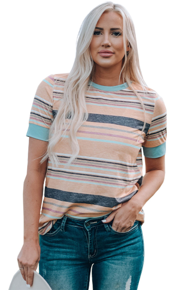 Womens Multicolor Stripes Crew Neck T Shirt Top