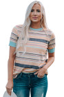 Womens Multicolor Stripes Crew Neck T Shirt Top