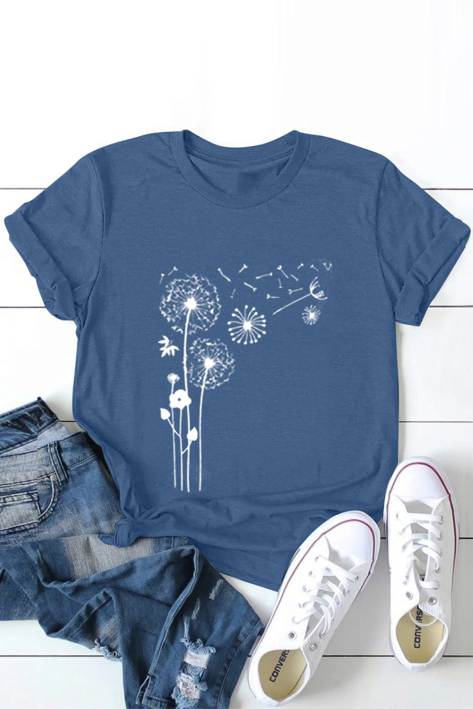 Crewneck Tee Dandelion Print Graphic Loose Casual T-Shirt