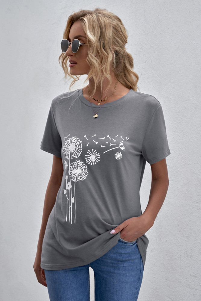 Crewneck Tee Dandelion Print Graphic Loose Casual T-Shirt