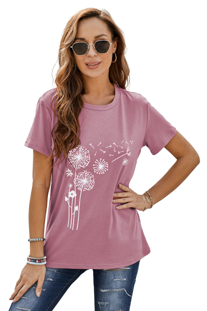 Crewneck Tee Dandelion Print Graphic Loose Casual T-Shirt