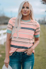 Womens Multicolor Stripes Crew Neck T Shirt Top