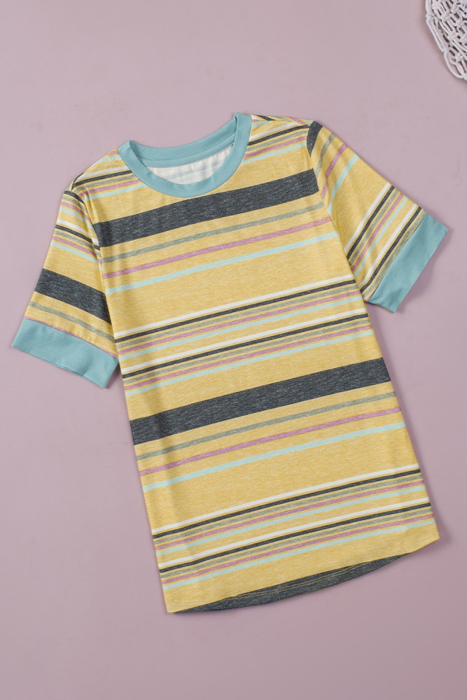 Womens Multicolor Stripes Crew Neck T Shirt Top