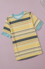 Womens Multicolor Stripes Crew Neck T Shirt Top
