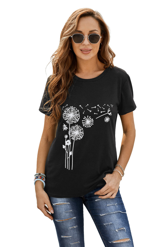 Crewneck Tee Dandelion Print Graphic Loose Casual T-Shirt
