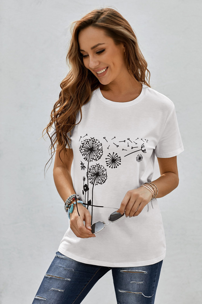 Crewneck Tee Dandelion Print Graphic Loose Casual T-Shirt