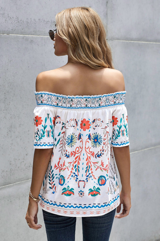 Summer Loose Button Down Floral Print Off Shoulder Short Sleeve Top