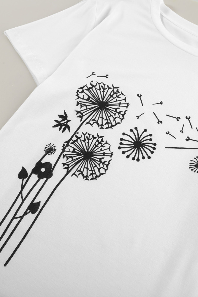 Crewneck Tee Dandelion Print Graphic Loose Casual T-Shirt