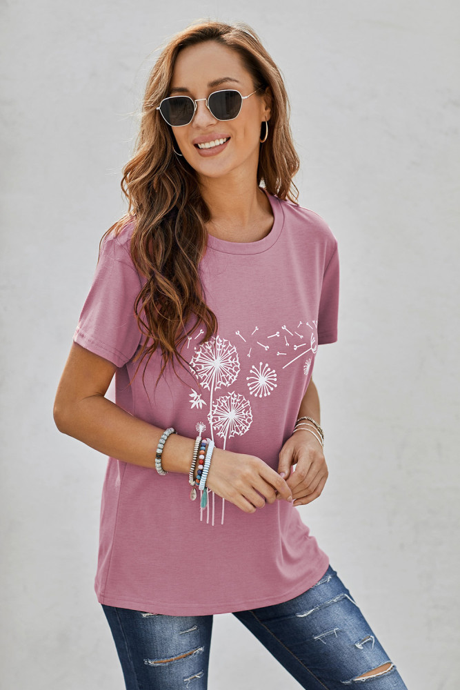 Crewneck Tee Dandelion Print Graphic Loose Casual T-Shirt