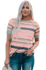 Womens Multicolor Stripes Crew Neck T Shirt Top