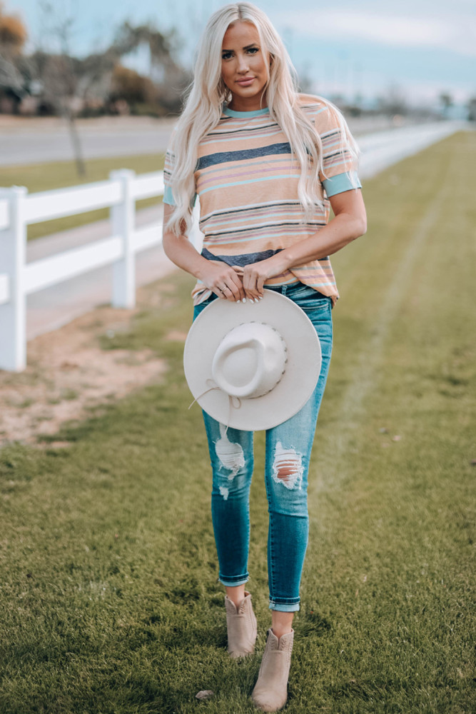 Womens Multicolor Stripes Crew Neck T Shirt Top