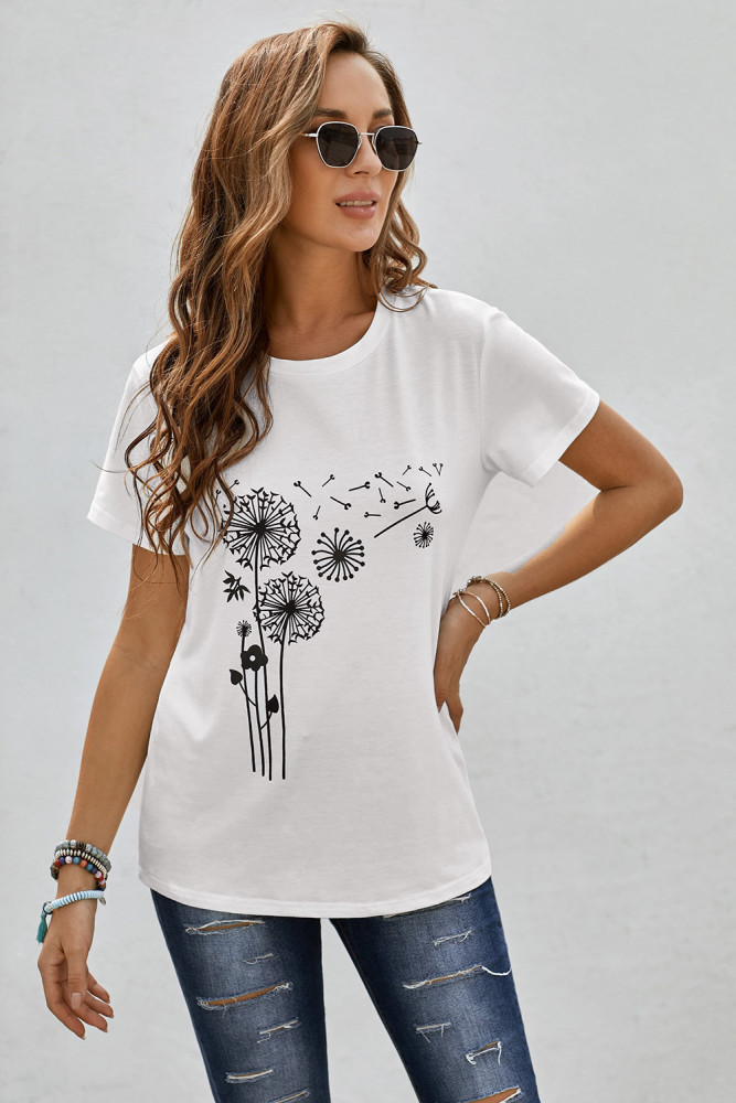 Crewneck Tee Dandelion Print Graphic Loose Casual T-Shirt
