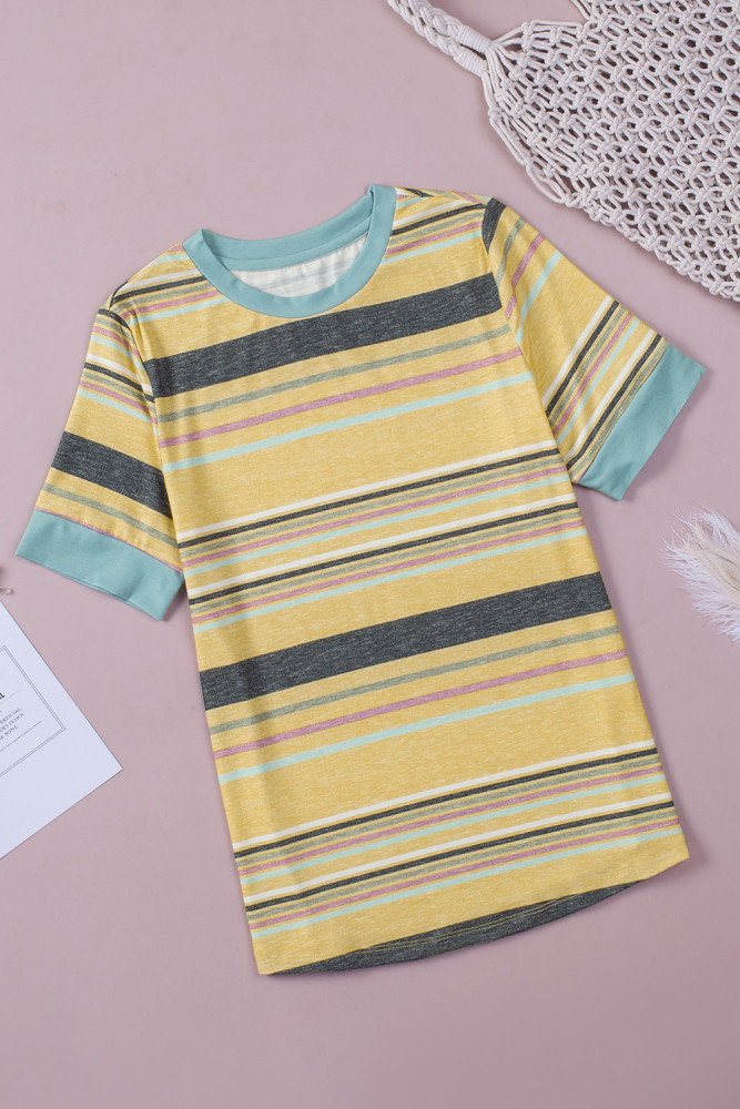 Womens Multicolor Stripes Crew Neck T Shirt Top