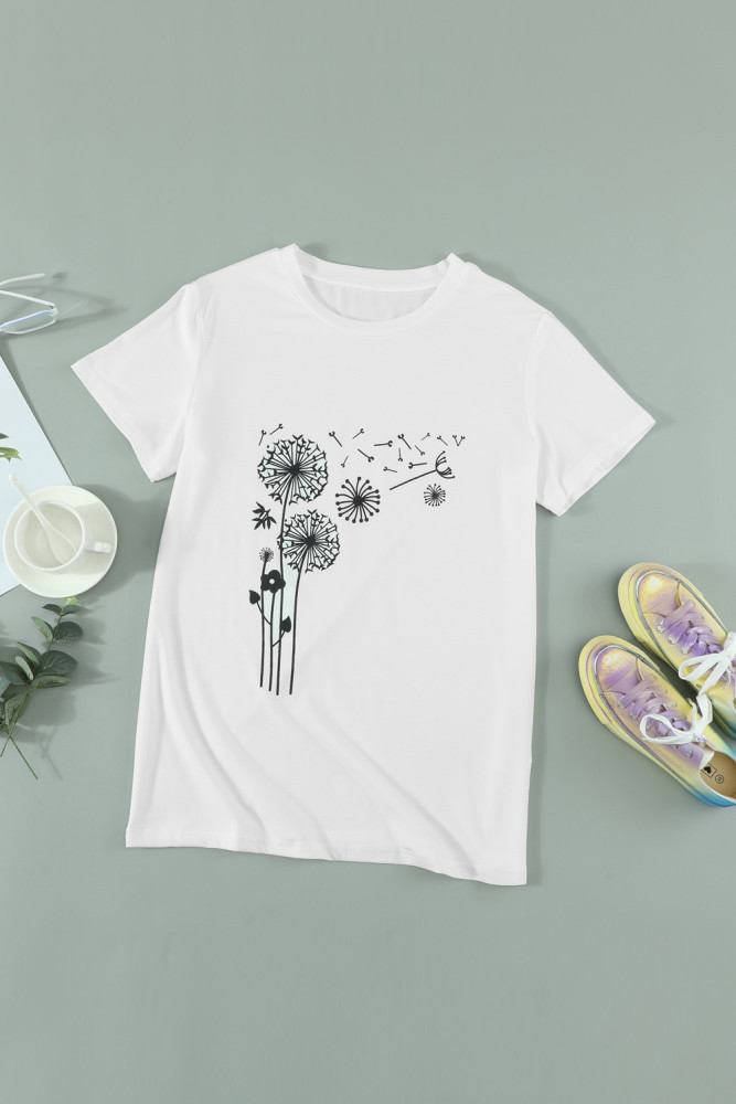 Crewneck Tee Dandelion Print Graphic Loose Casual T-Shirt