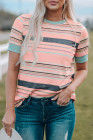 Womens Multicolor Stripes Crew Neck T Shirt Top