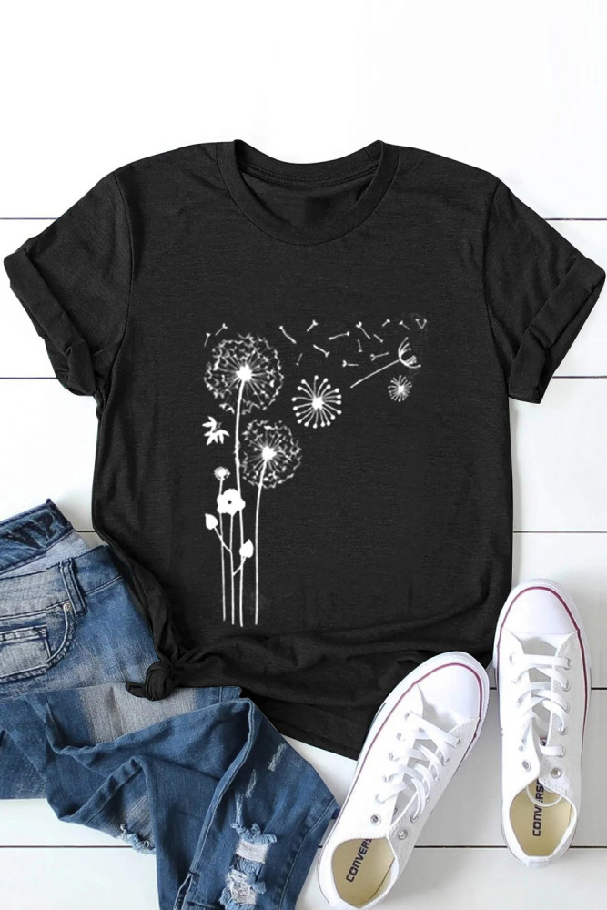 Crewneck Tee Dandelion Print Graphic Loose Casual T-Shirt