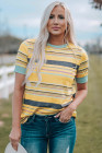 Womens Multicolor Stripes Crew Neck T Shirt Top