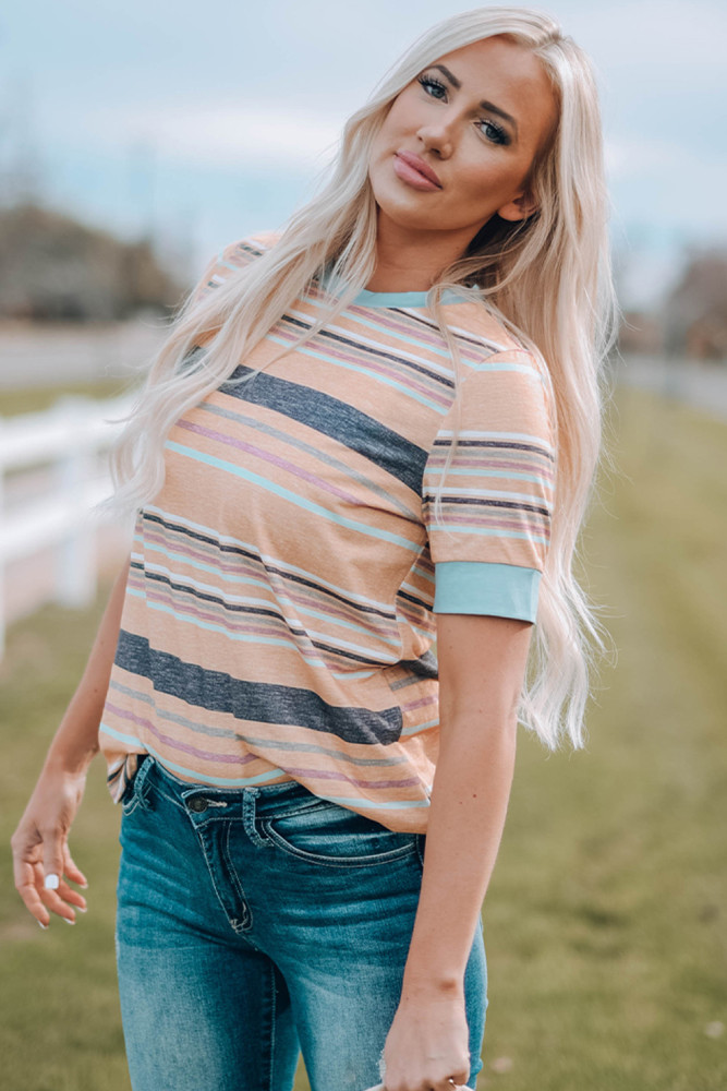 Womens Multicolor Stripes Crew Neck T Shirt Top