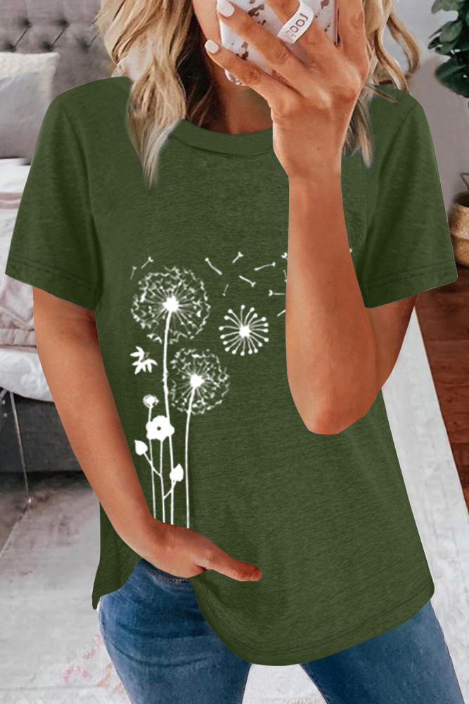 Crewneck Tee Dandelion Print Graphic Loose Casual T-Shirt