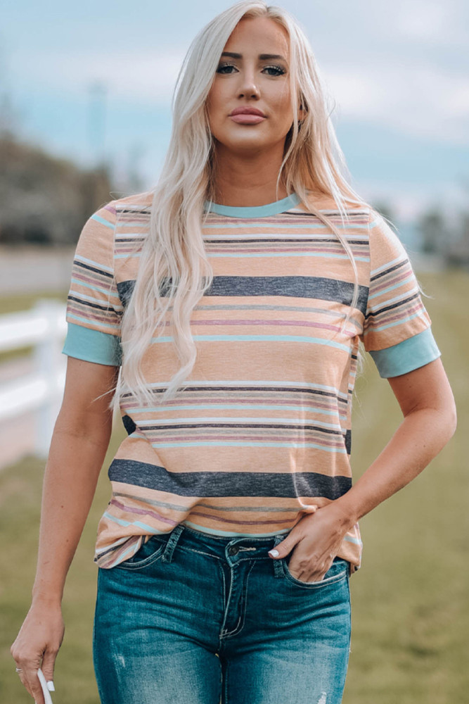 Womens Multicolor Stripes Crew Neck T Shirt Top