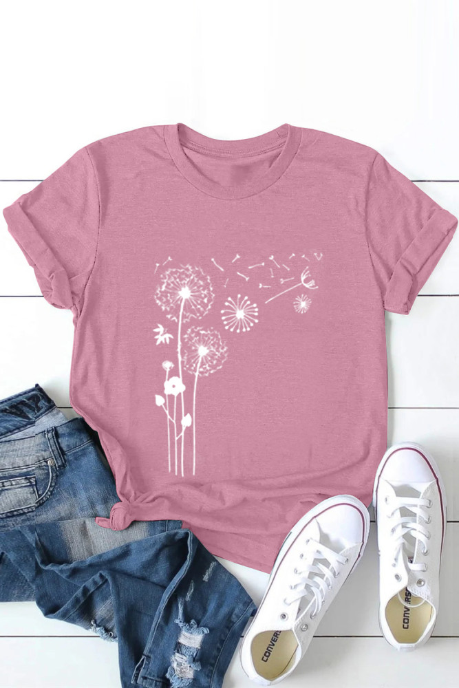 Crewneck Tee Dandelion Print Graphic Loose Casual T-Shirt