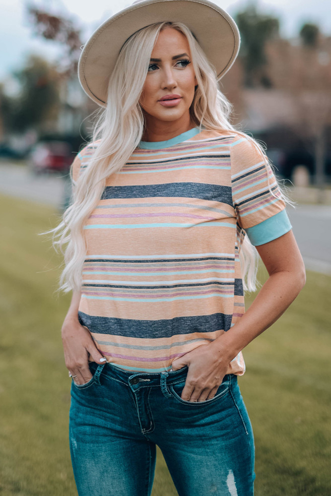 Womens Multicolor Stripes Crew Neck T Shirt Top