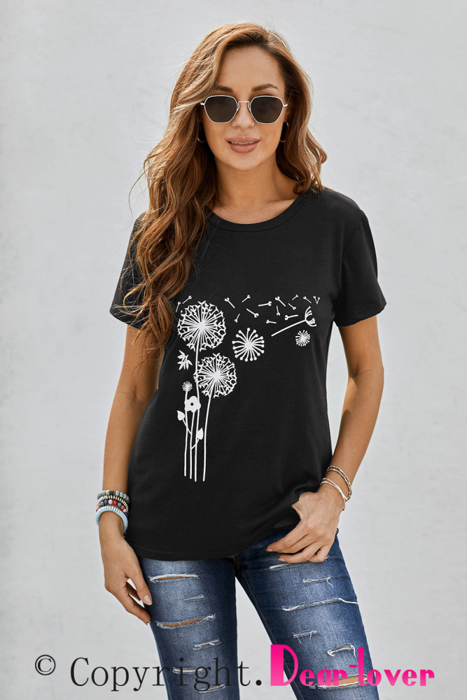 Crewneck Tee Dandelion Print Graphic Loose Casual T-Shirt