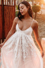 Womens Floral Crochet Lace Ruffled High Waist White Maxi Dress