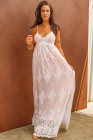Womens Floral Crochet Lace Ruffled High Waist White Maxi Dress