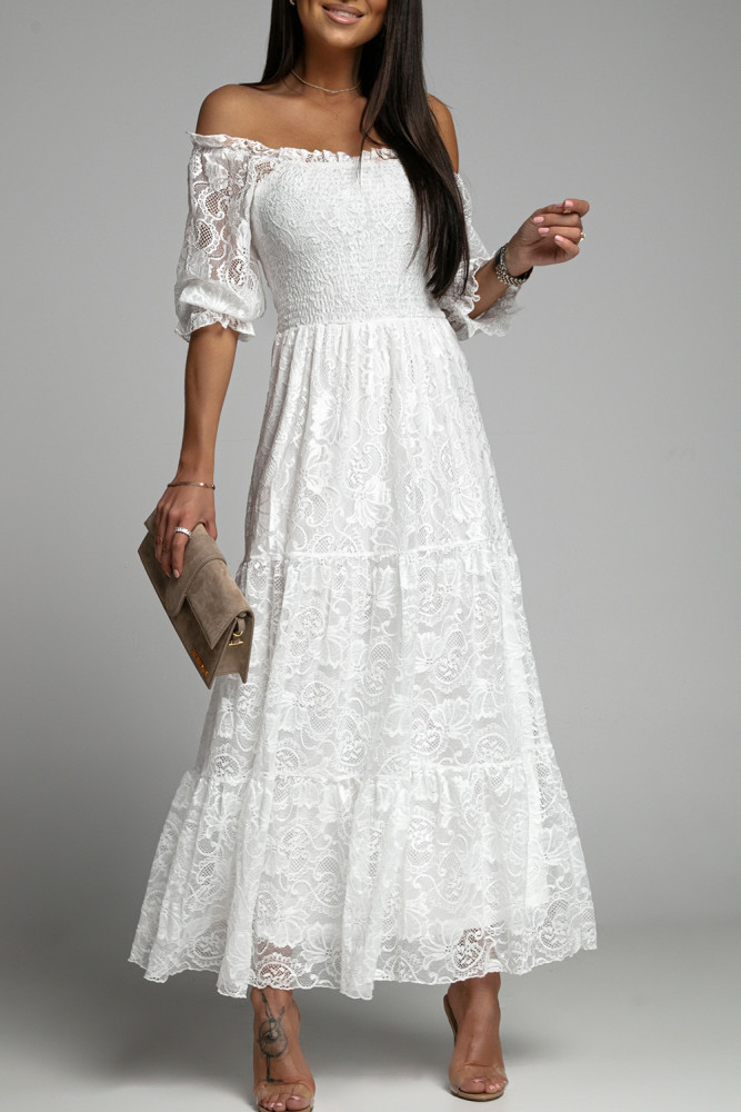 Long White Maxi Dress Smocked Lace Dress