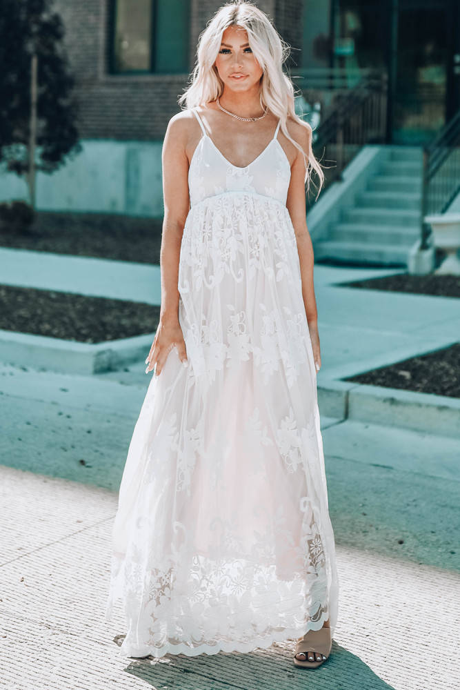 Womens Floral Crochet Lace Ruffled High Waist White Maxi Dress