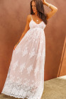 Womens Floral Crochet Lace Ruffled High Waist White Maxi Dress