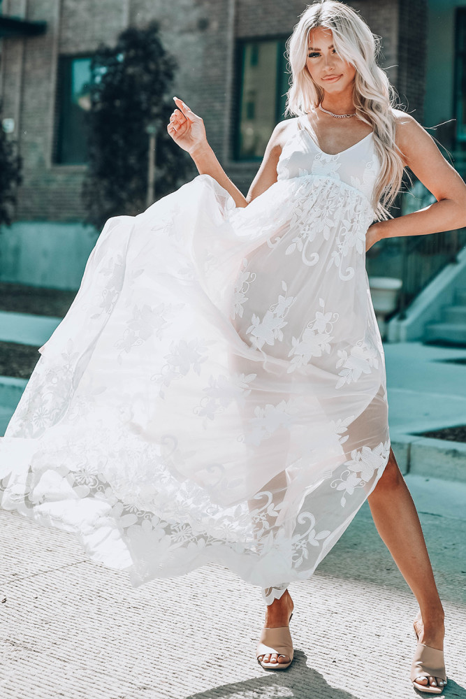 Womens Floral Crochet Lace Ruffled High Waist White Maxi Dress