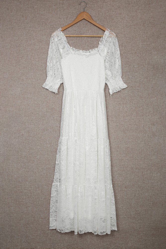 Long White Maxi Dress Smocked Lace Dress